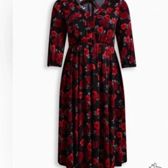 718-5 Torrid Midi Stretch Challis Tie Neck Dress Rose Black Floral Size 2 18/20 - Picture 15 of 16